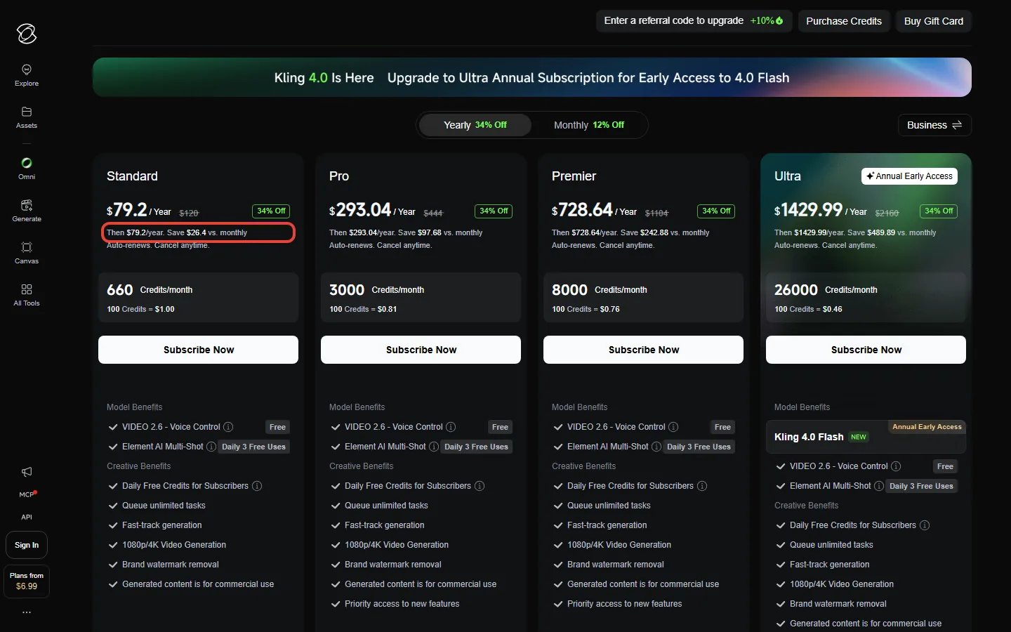 Kling AI membership page on yearly billing as it looked in early October 2026, with Standard, Pro, Premier and the old Ultra yearly prices