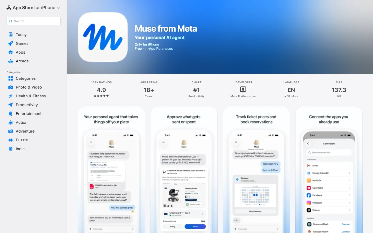 Muse from Meta App Store listing showing a 4.9 rating from 163K ratings and a number one chart position in Productivity