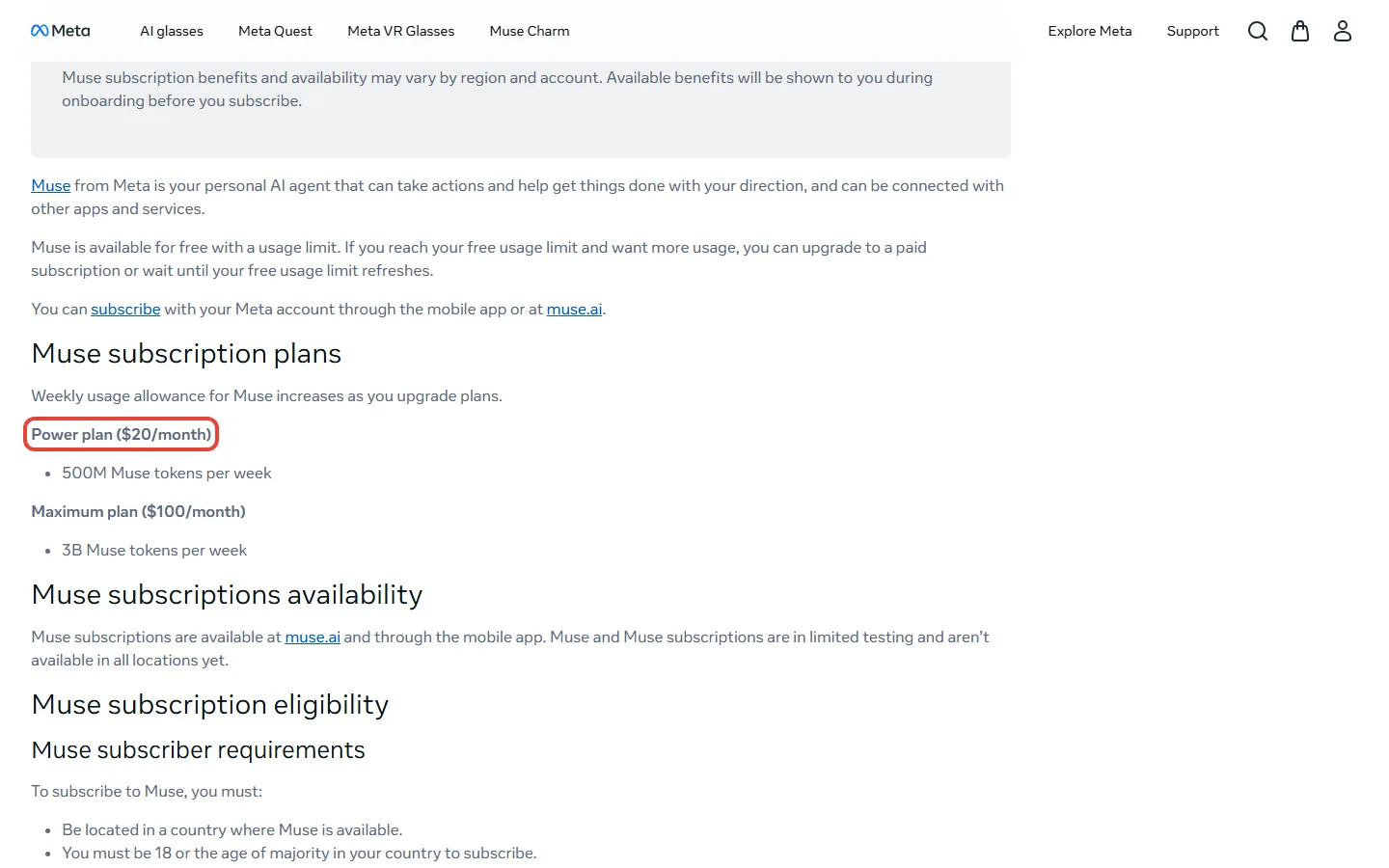 Meta Help Center page listing the Muse Power plan at $20 a month and the Maximum plan at $100 a month