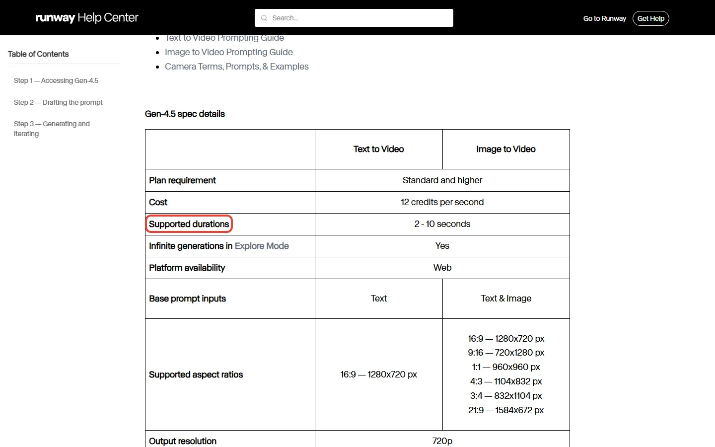 Runway help center page listing Gen-4.5 cost of 12 credits per second and supported durations of 2 to 10 seconds
