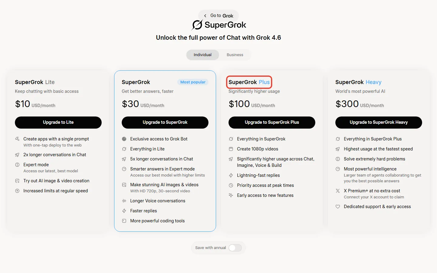 Grok plans page showing SuperGrok Lite $10, SuperGrok $30, SuperGrok Plus $100 and Heavy $300 a month