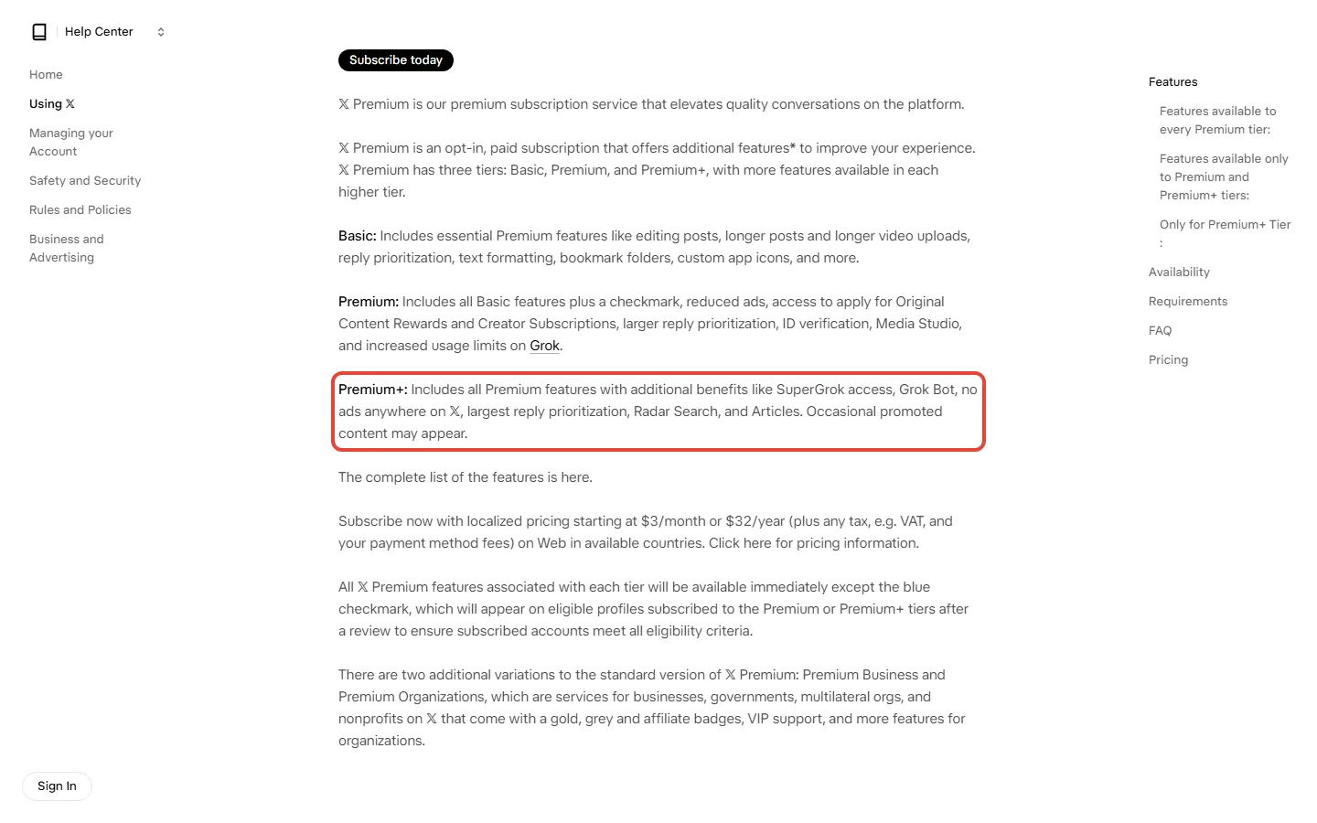 X help page listing SuperGrok access and Grok Bot as part of X Premium+